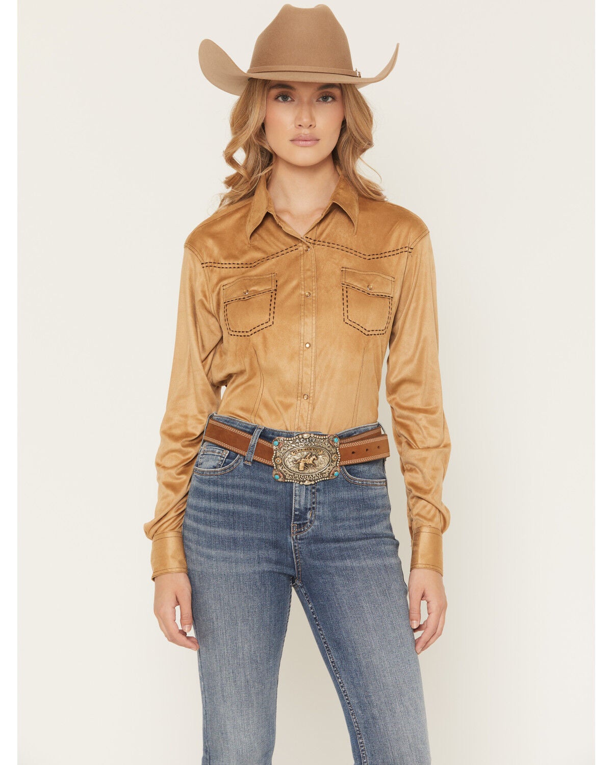Cowgirl Hardware Women's Faux Suede Long Sleeve Snap Stretch Western Shirt, Tan, hi-res