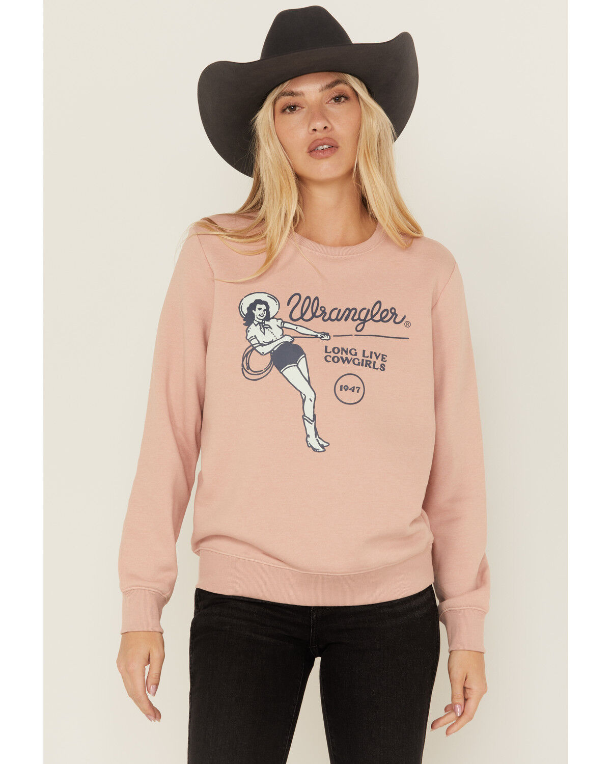 Image #1 - Wrangler Retro Women's Long Live Cowgirls Logo Crewneck, Pink, hi-res