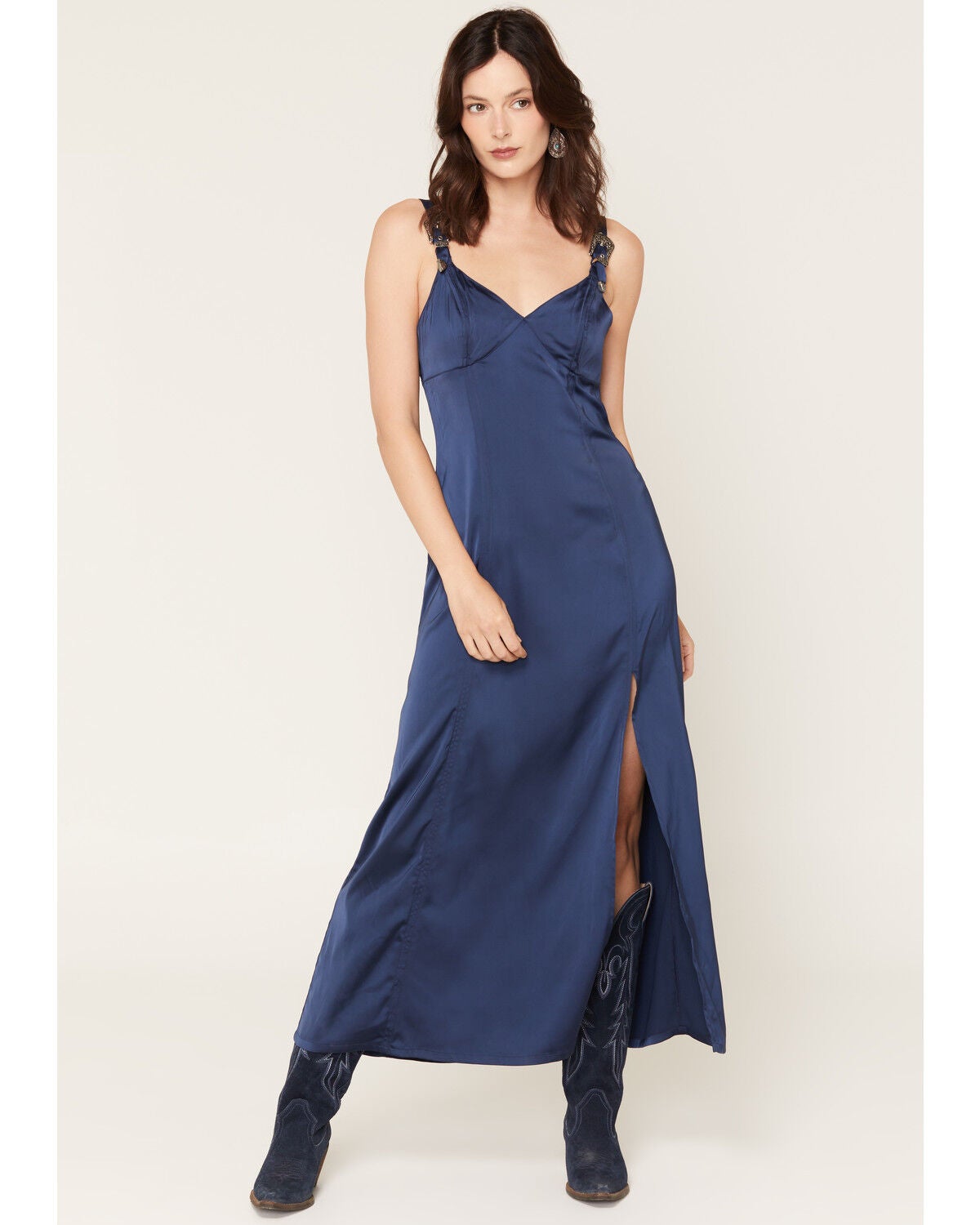 Rock & Roll Denim Women's Sleeveless Buckle Detail Satin Maxi Dress, Navy, hi-res
