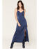 Image #1 - Rock & Roll Denim Women's Sleeveless Buckle Detail Satin Maxi Dress, Navy, hi-res