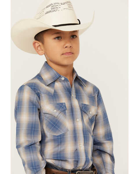 Image #2 - Ely Walker Boys' Textured Plaid Print Long Sleeve Pearl Snap Western Shirt, Blue, hi-res