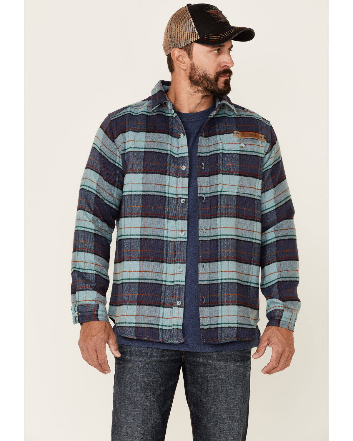 Image #1 - Columbia Men's Plaid Roughtail Heavyweight Button Down Western Flannel Shirt, Blue, hi-res