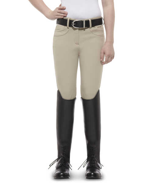Image #2 - Ariat Girls' Olympia Low Rise Front-Zip Knee Patch Breeches, Tan, hi-res