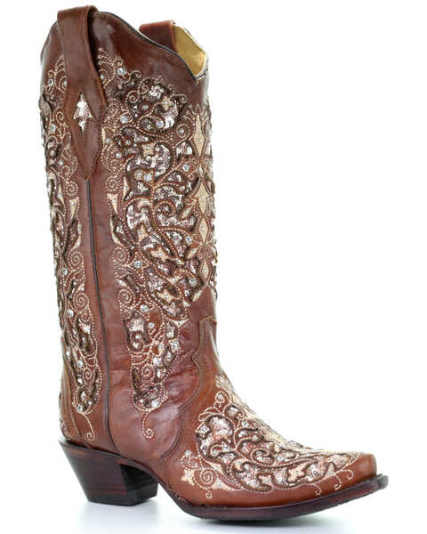 Image #1 - Corral Women's Brown Inlay & Flower Embroidery Western Boots - Snip Toe, , hi-res