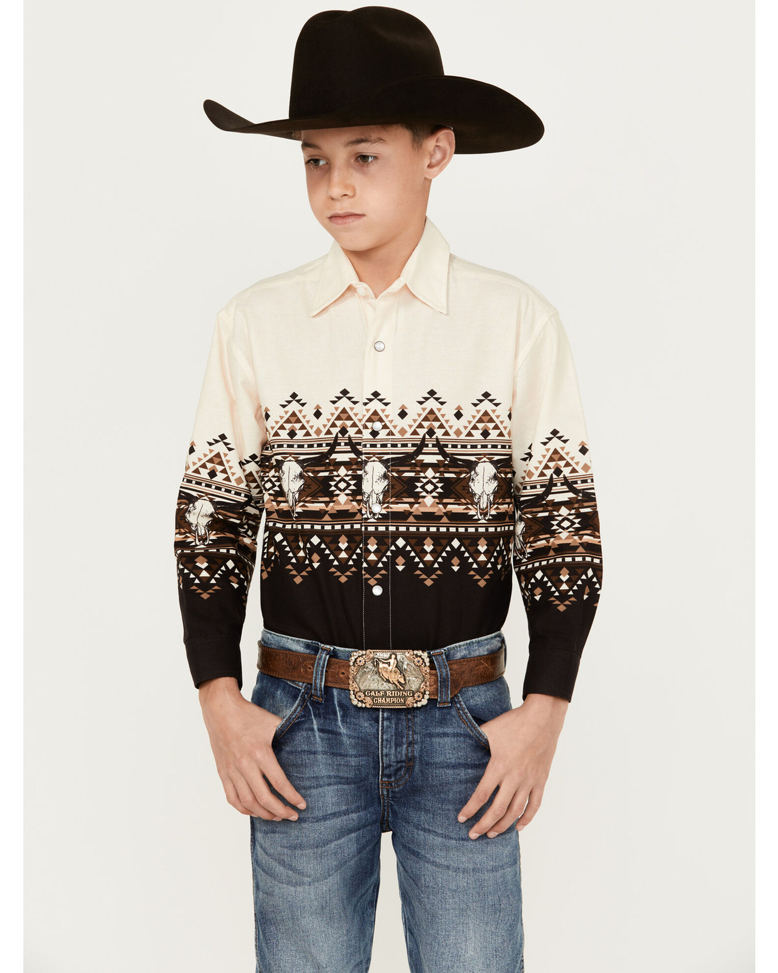 Panhandle Boys' Steer Head Southwestern Border Print Long Sleeve Pearl Snap Shirt