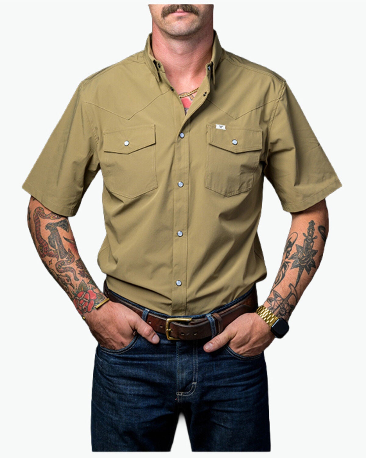 Ferrell Men's Tek Solid Short Sleeve Pearl Snap Stretch Performance Western Shirt, Khaki, hi-res