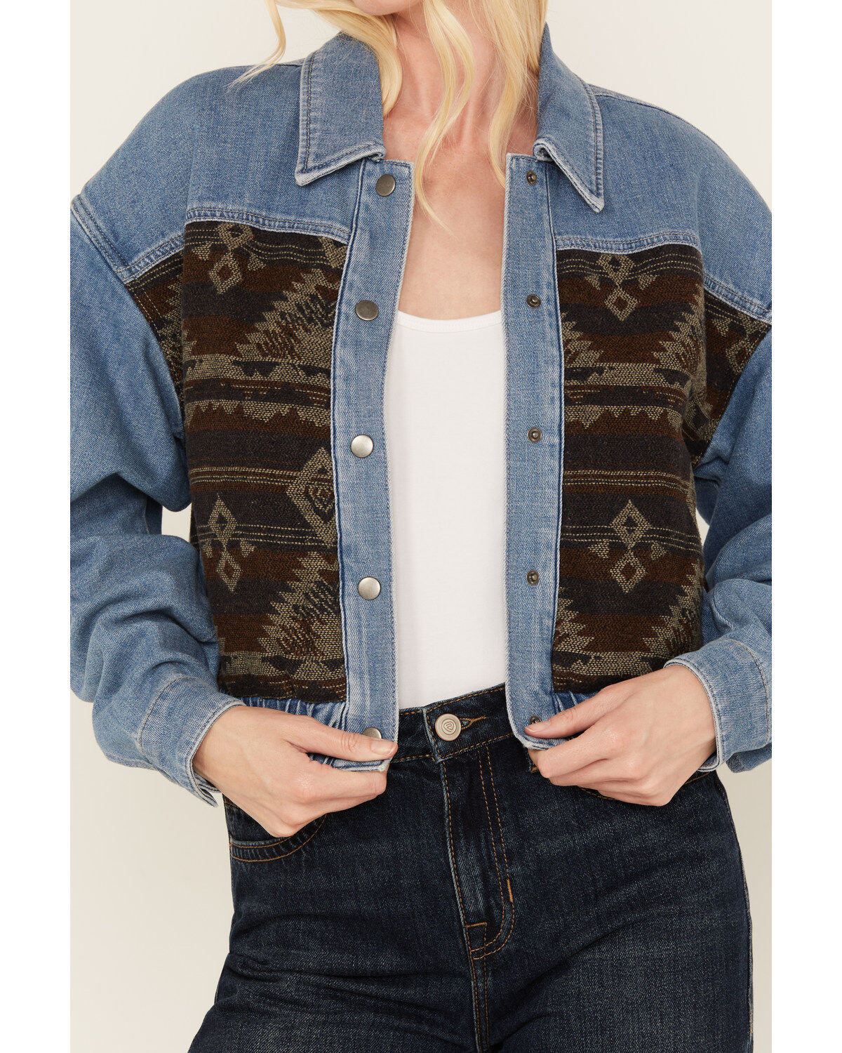 Image #3 - Cleo + Wolf Women's Medium Wash Denim and Blanket Jacket, Medium Wash, hi-res