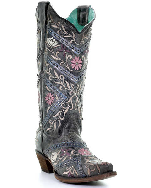 Image #1 - Corral Women's Floral Embroidery & Rhinestones Western Boots - Snip Toe, Black, hi-res