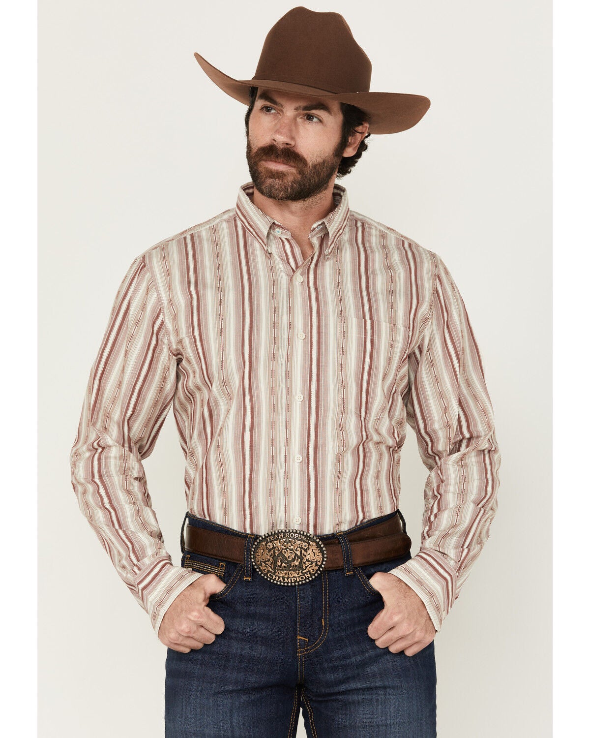 Wrangler X Cody Johnson Men's Striped Long Sleeve Button-Down Western Shirt, Burgundy, hi-res