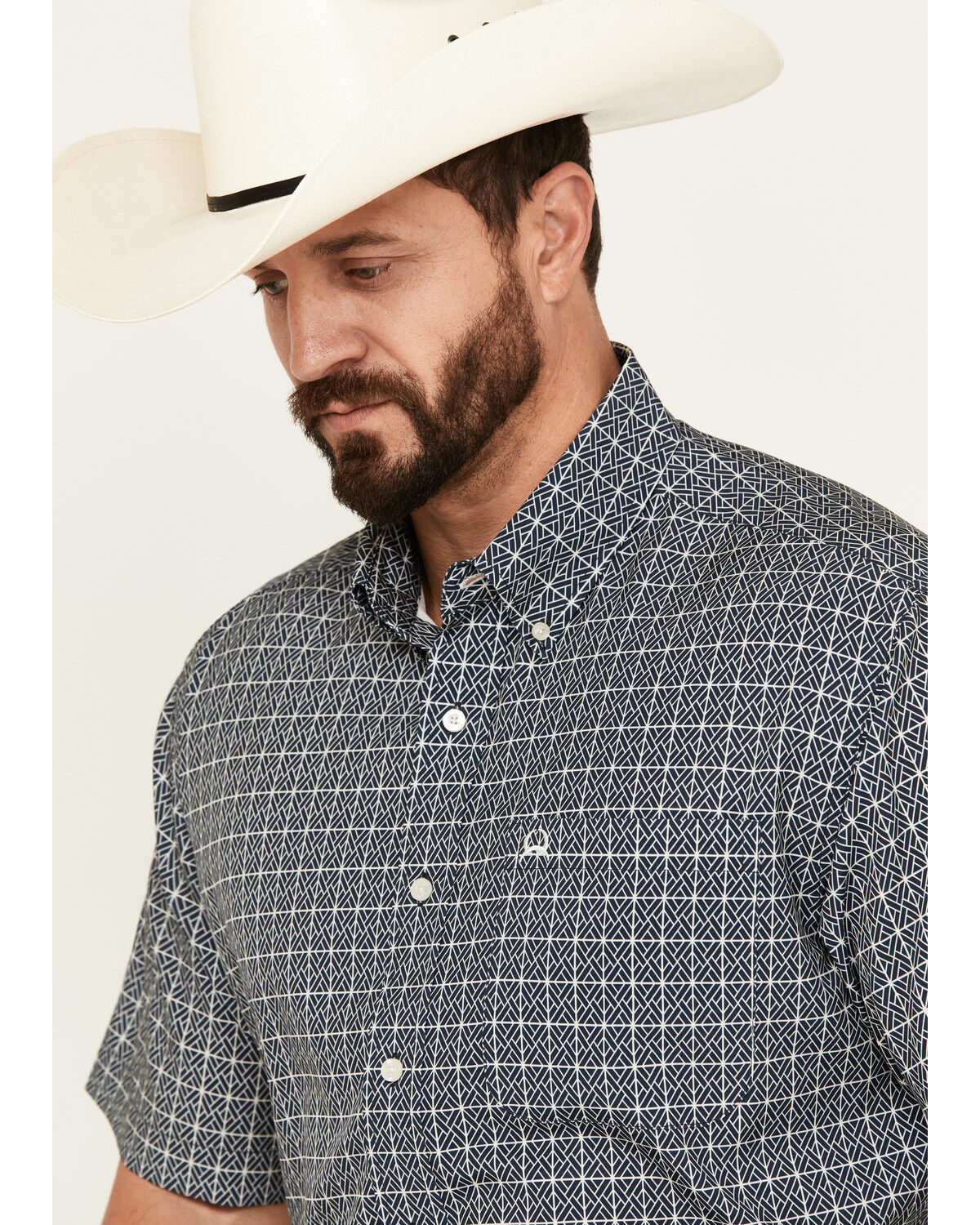Image #2 - Cinch Men's ARENAFLEX Geo Print Short Sleeve Button Down Western Shirt, Navy, hi-res