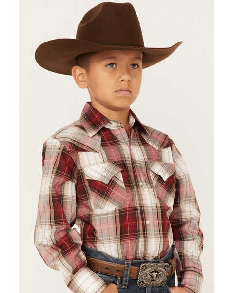 Ely Walker Boys' Plaid Print Long Sleeve Pearl Snap Western Shirt, Red, hi-res