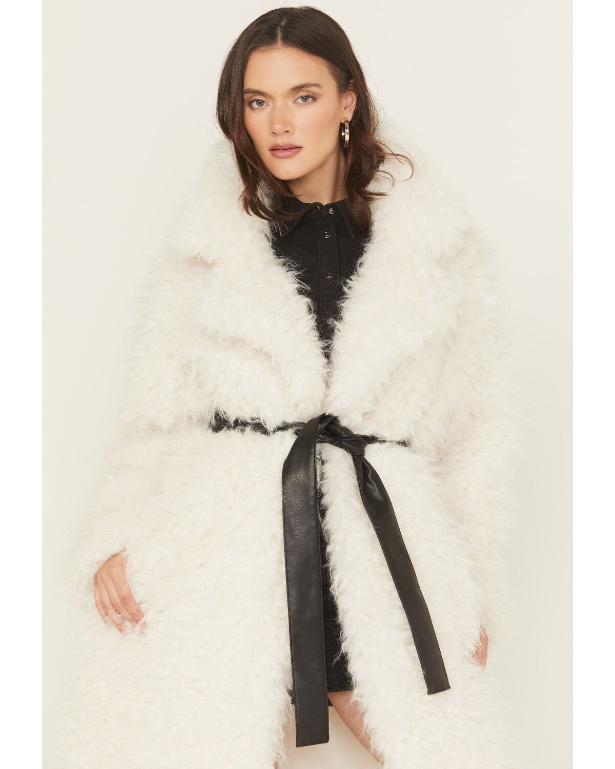 Image #3 - Fornia Women's Leather Tie Faux Fur Coat, White, hi-res
