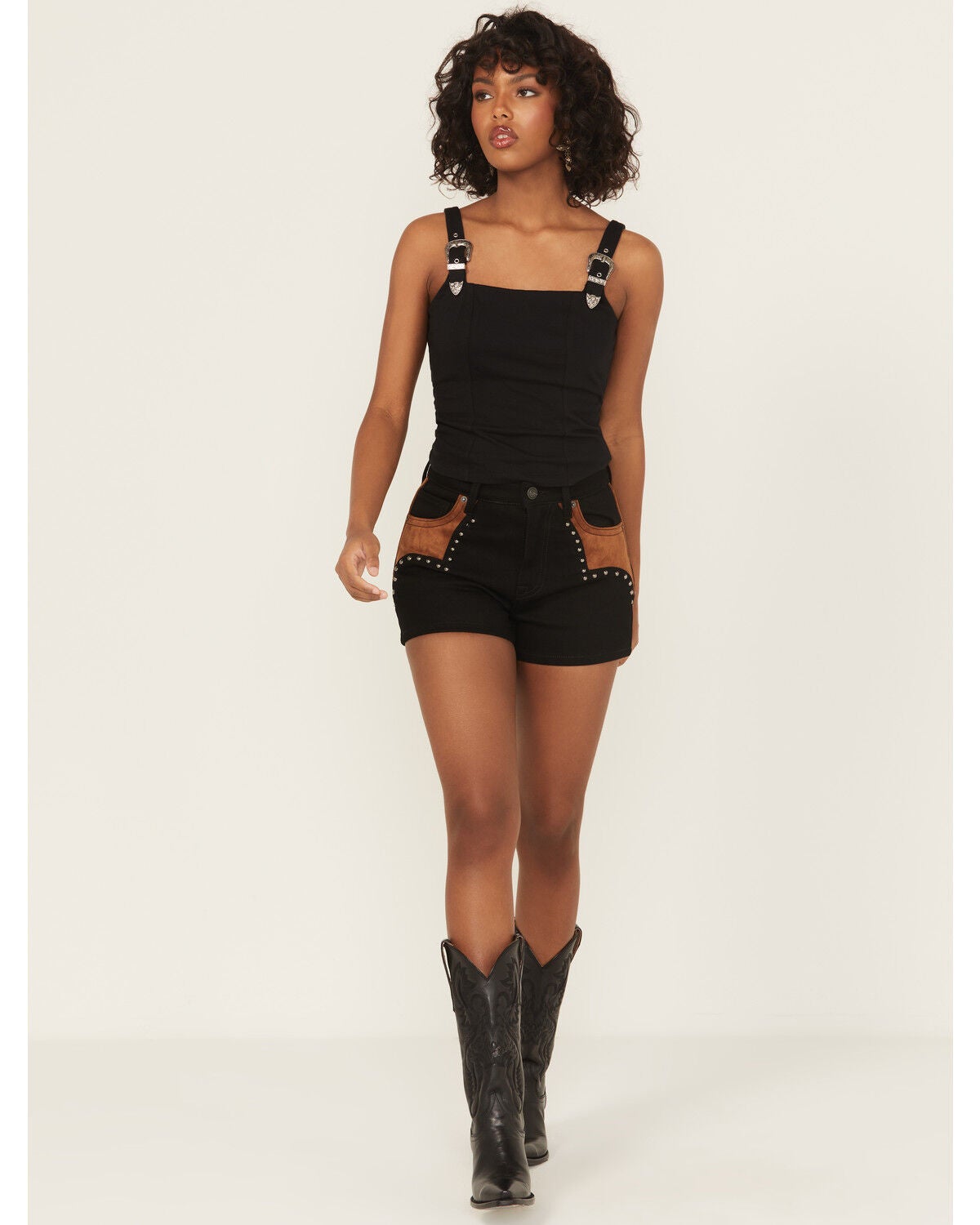 Rock & Roll Denim Women's Faux Suede High Rise Studded Shorts, Black, hi-res