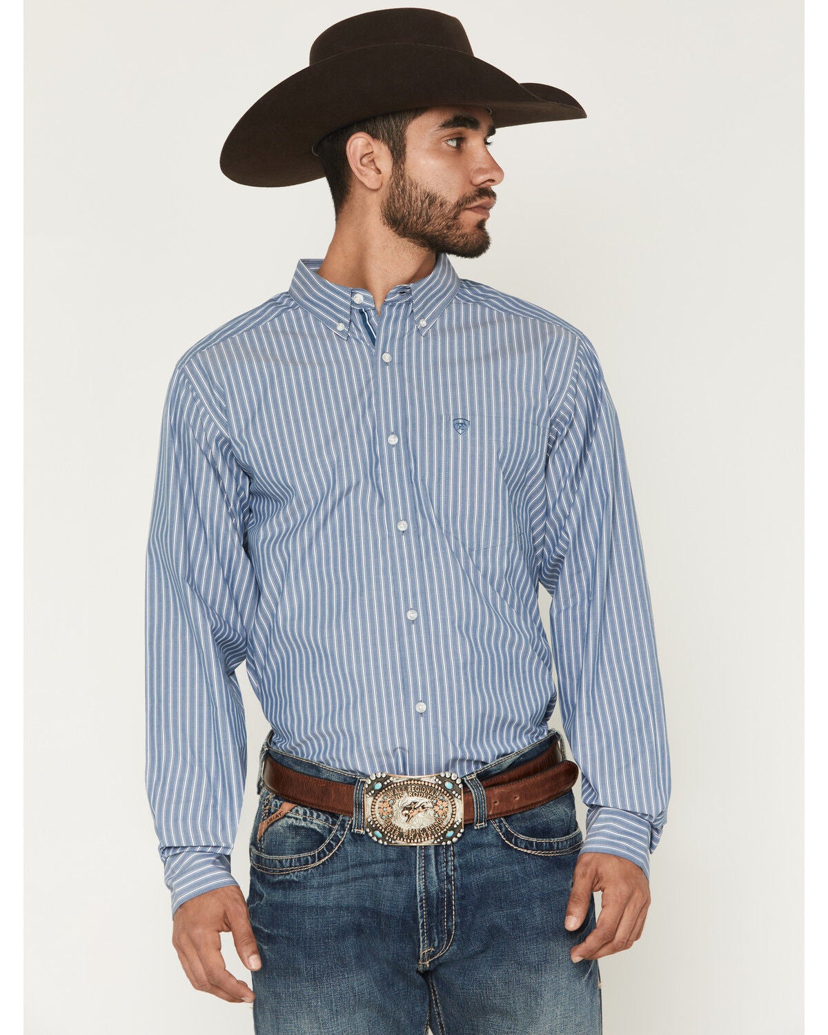 Image #1 - Ariat Men's Pro Series Judah Striped Fitted Long Sleeve Western Shirt, Blue, hi-res