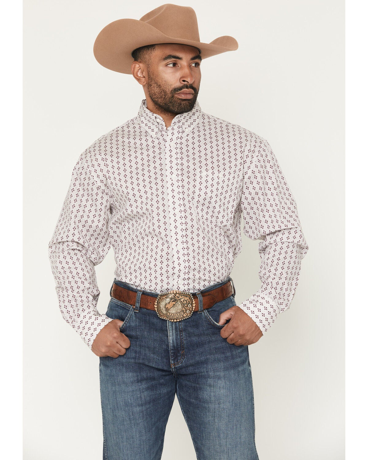Wrangler Men's Classics Geo Print Long Sleeve Button-Down Western Shirt, White, hi-res