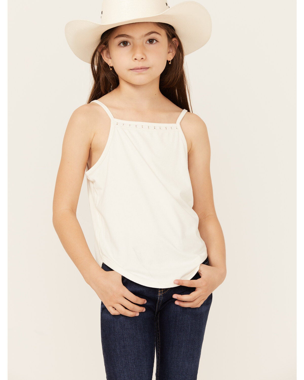 Shyanne Girls' Crochet Lace Trim Tank, Ivory, hi-res