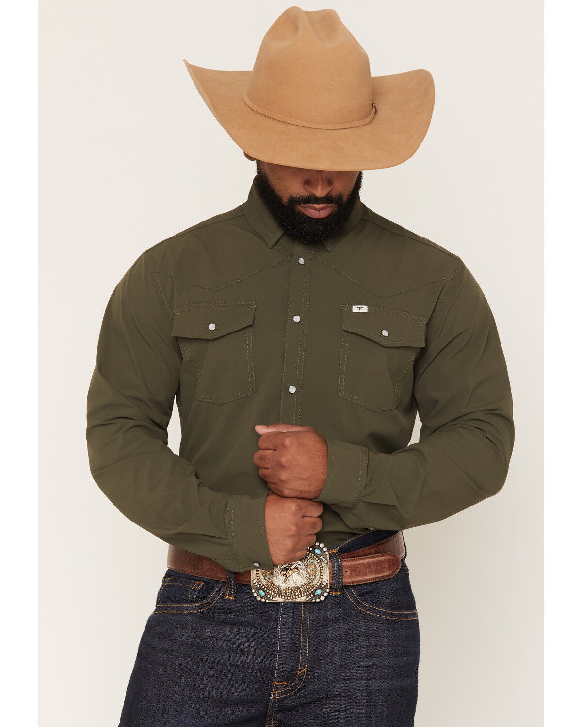 Ferrell Men's Tek Solid Short Sleeve Pearl Snap Stretch Performance Western Shirt, Olive, hi-res