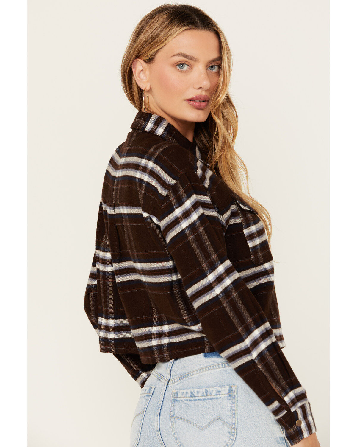 Image #4 - Cleo + Wolf Women's Cropped Plaid Print Flannel Shirt, Chocolate, hi-res