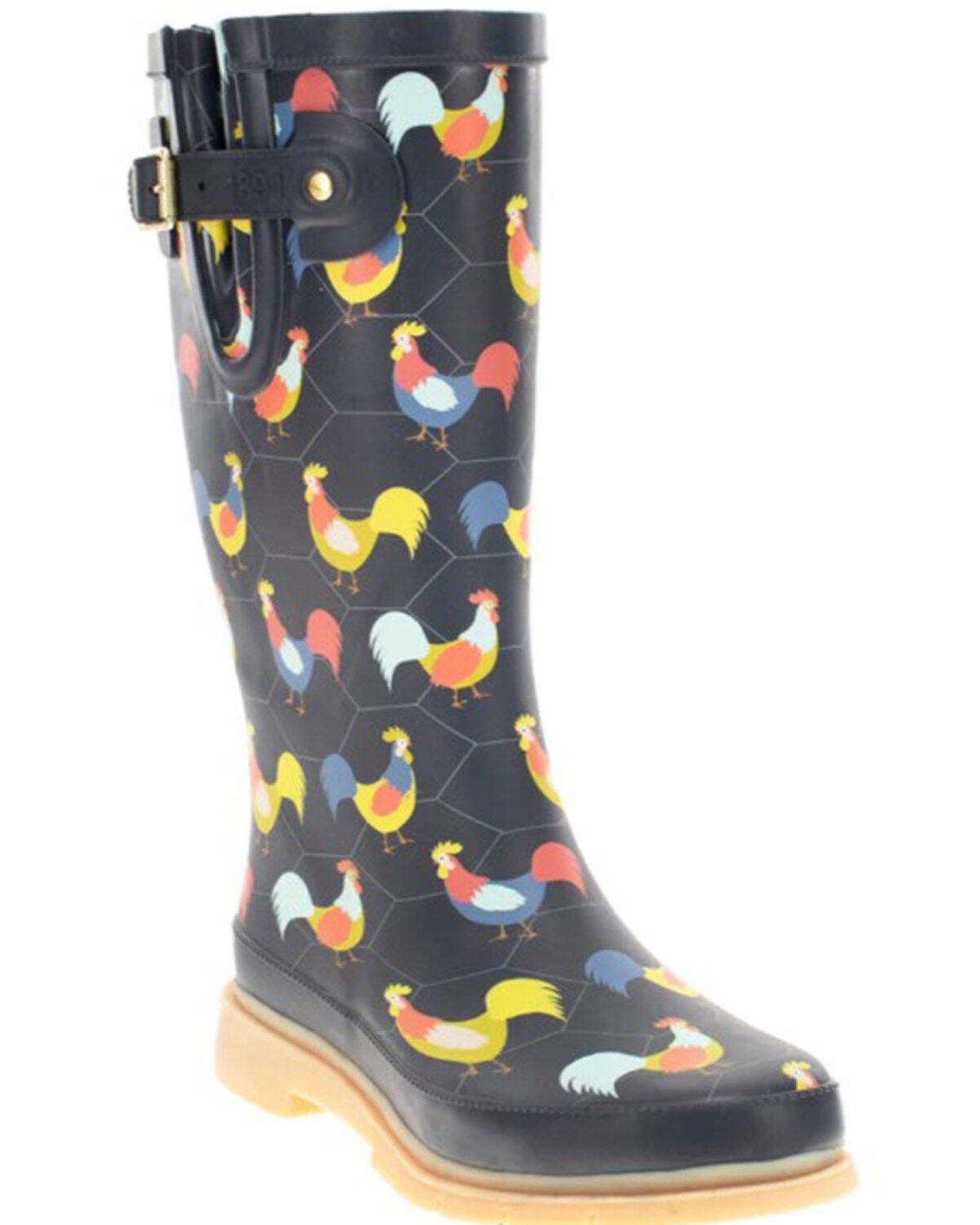 Image #1 - Western Chief Women's Chicken Print Tall Rain Boots - Round Toe, Charcoal, hi-res