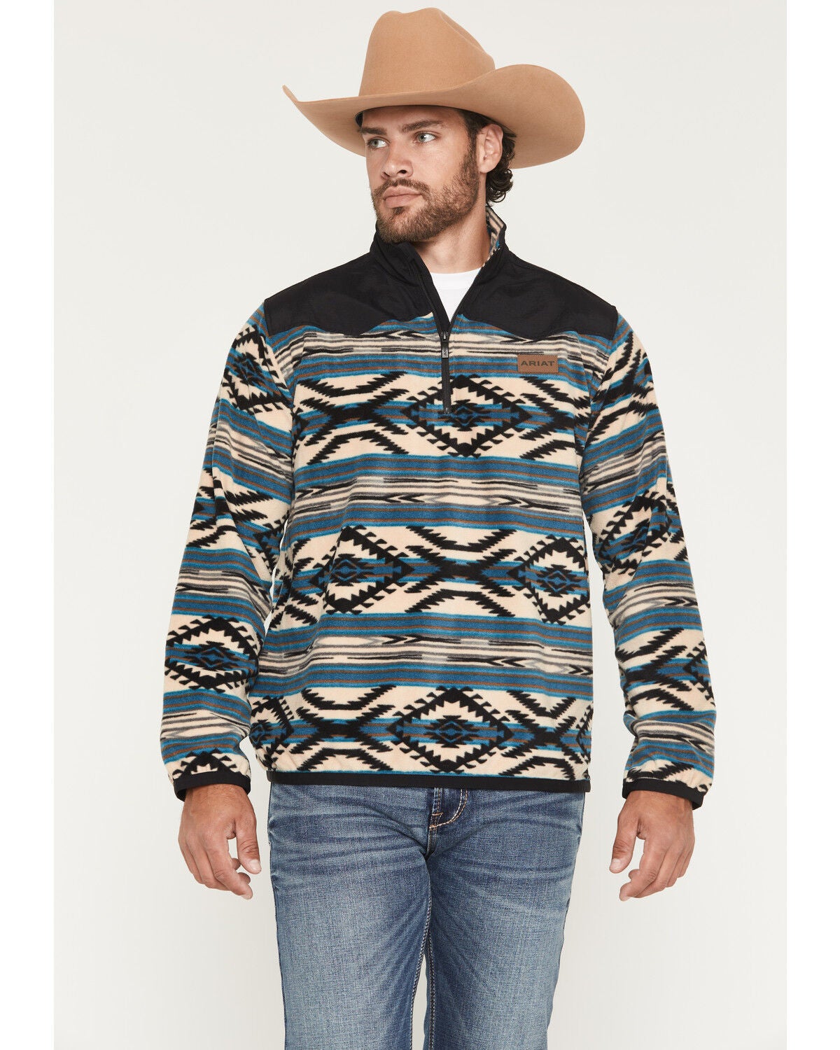 Ariat Men's Basis Southwest 1/4 Zip-Up Fleece Pullover, Teal, hi-res