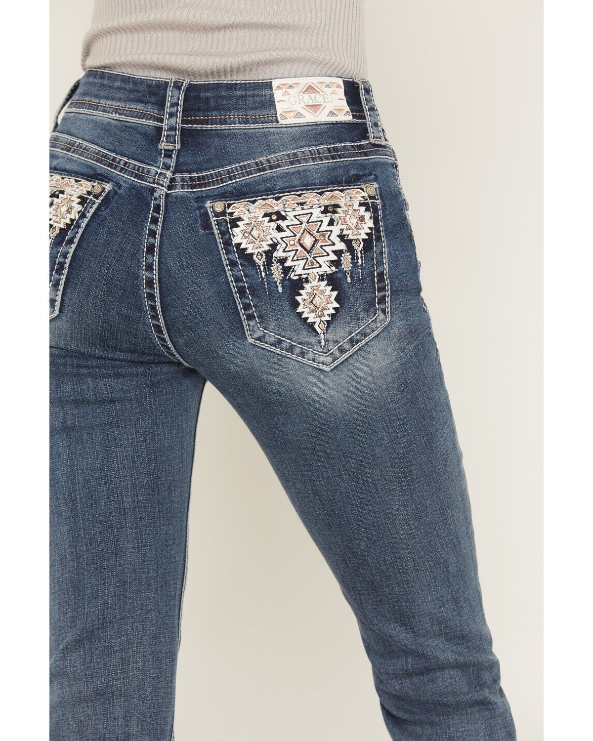 Image #2 - Grace in LA Women's Medium Wash Mid Rise Embellished 32" Bootcut Stretch Denim Jeans, Medium Wash, hi-res
