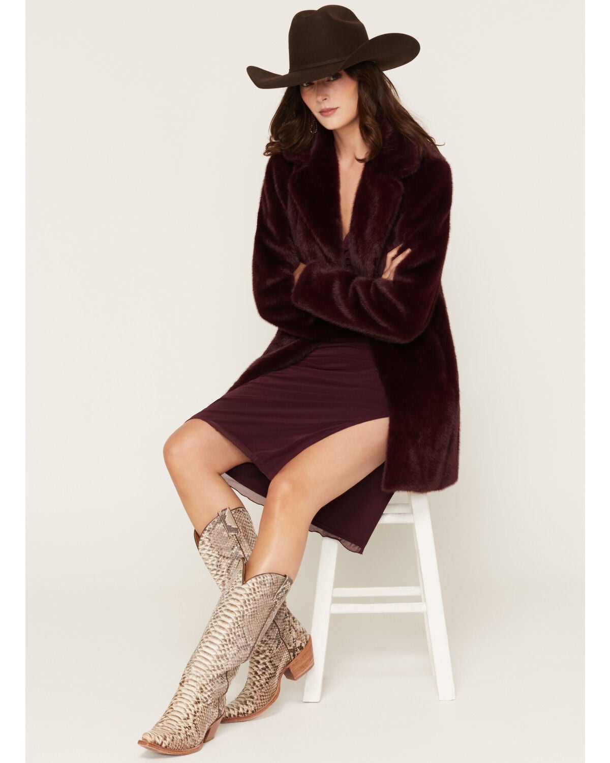 Shyanne Women's Elowen Faux Fur Snap Coat, Maroon, hi-res