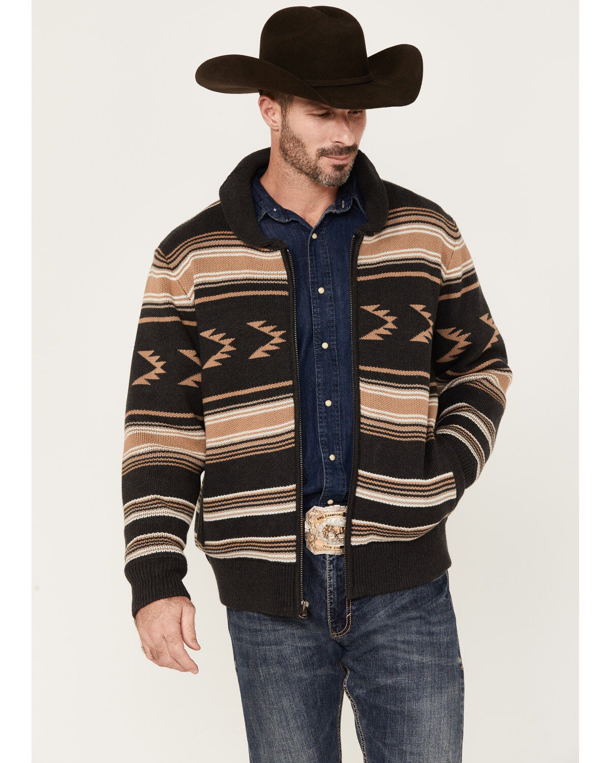 Cinch Men's Full-Zip Striped Sweater, Charcoal, hi-res