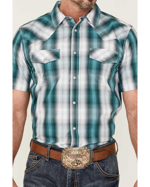 Image #3 - Gibson Men's Blue Horizon Plaid Short Sleeve Snap Western Shirt , Cream, hi-res