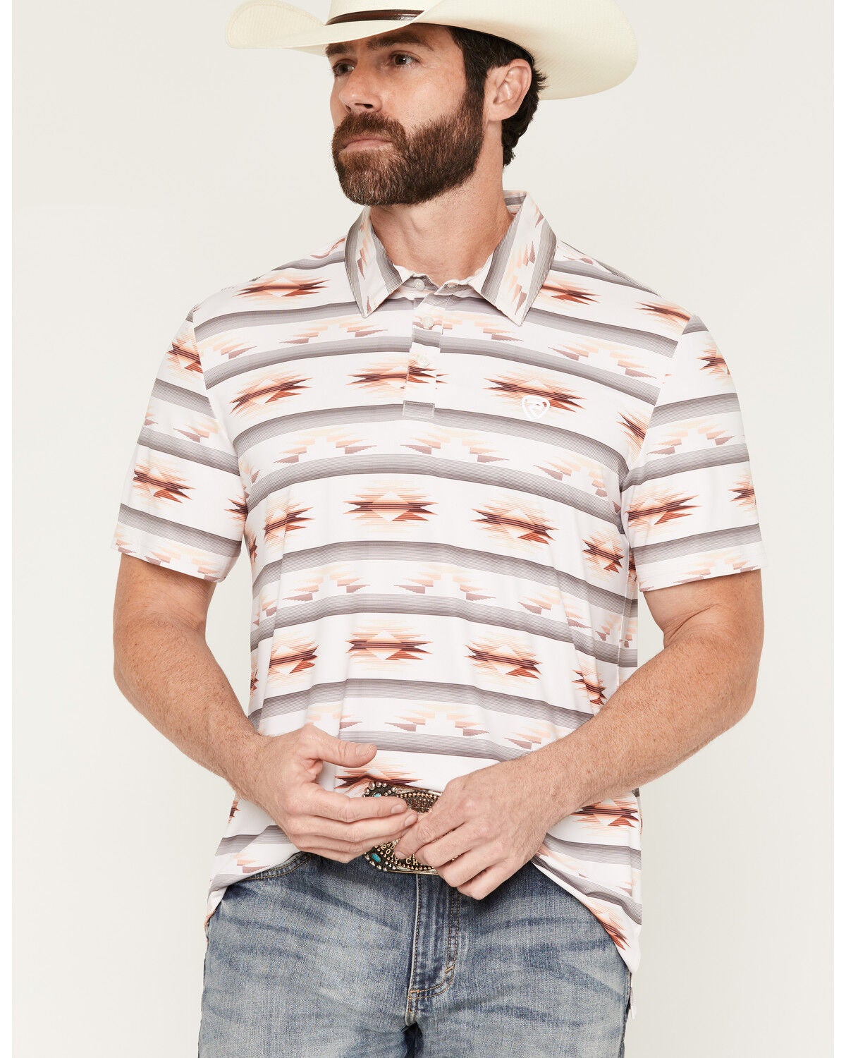 Rock & Roll Denim Men's Southwestern Striped Print Short Sleeve Button-Down Stretch Polo Shirt, Natural, hi-res