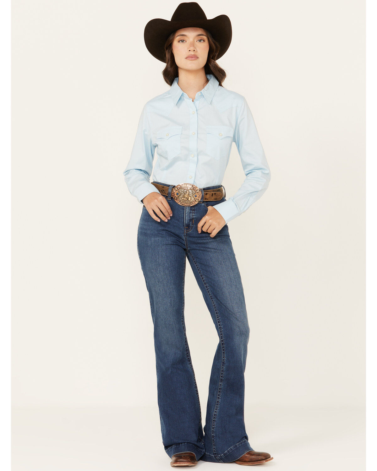 Image #1 - Rock & Roll Denim Women's Medium Wash High Rise Curved Yoke Trouser Stretch Denim Jeans, Medium Wash, hi-res