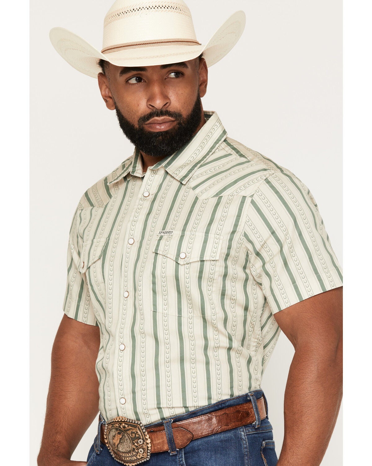 Image #2 - Sendero Provisions Men's Wyatt Horseshoe Stripe Print Short Sleeve Snap Western Shirt, Oatmeal, hi-res