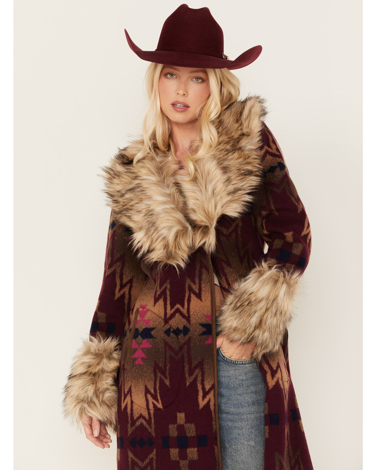 Image #2 - Tasha Polizzi Women's Southwestern Print Faux Fur Adirondack Blanket Coat, , hi-res