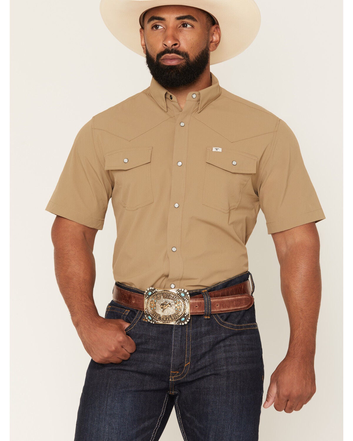 Ferrell Men's Tek Solid Short Sleeve Pearl Snap Stretch Performance Western Shirt, Khaki, hi-res