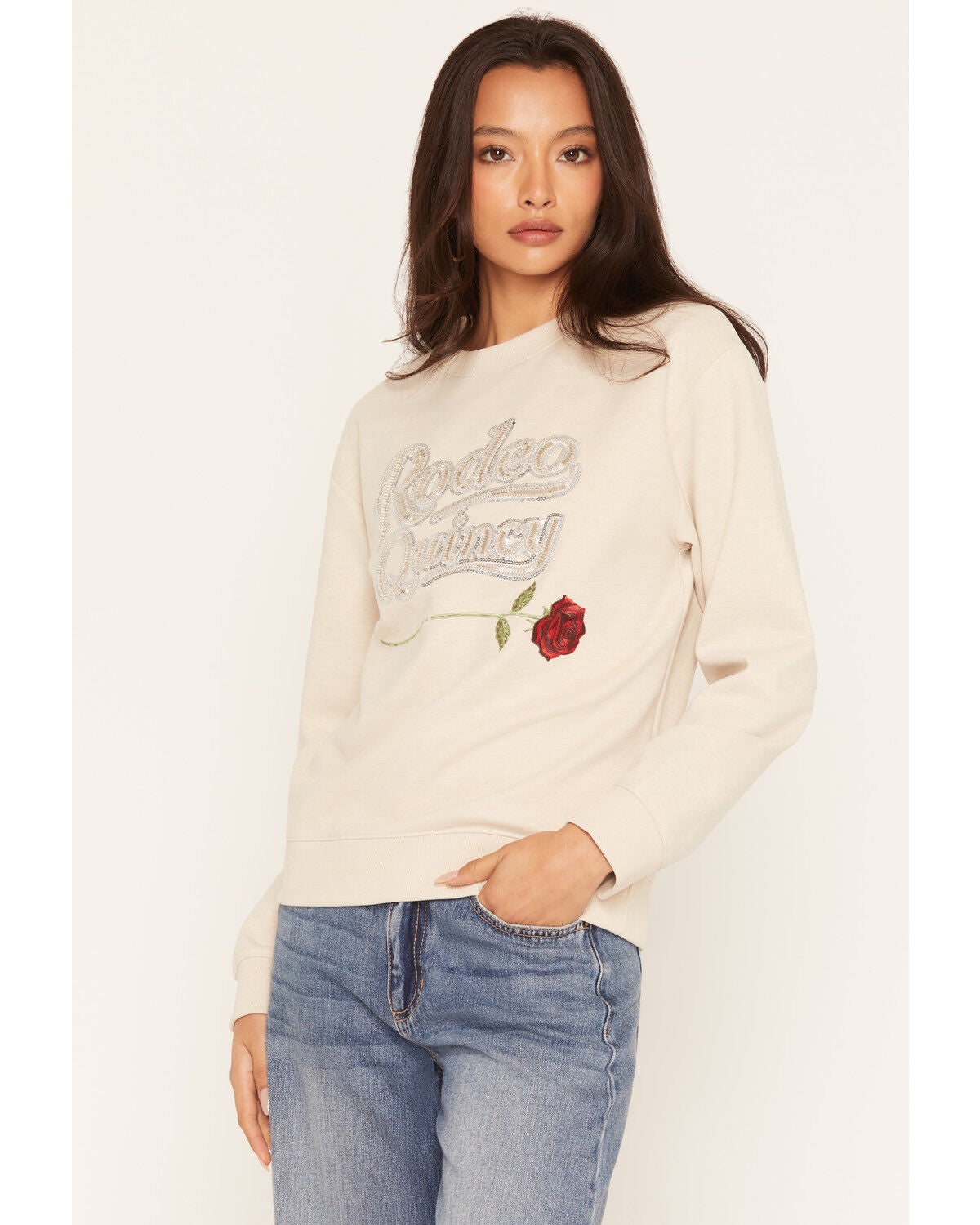 Rodeo Quincy X Boot Barn Women's Logo Rose Crewneck Sweatshirt, Grey, hi-res