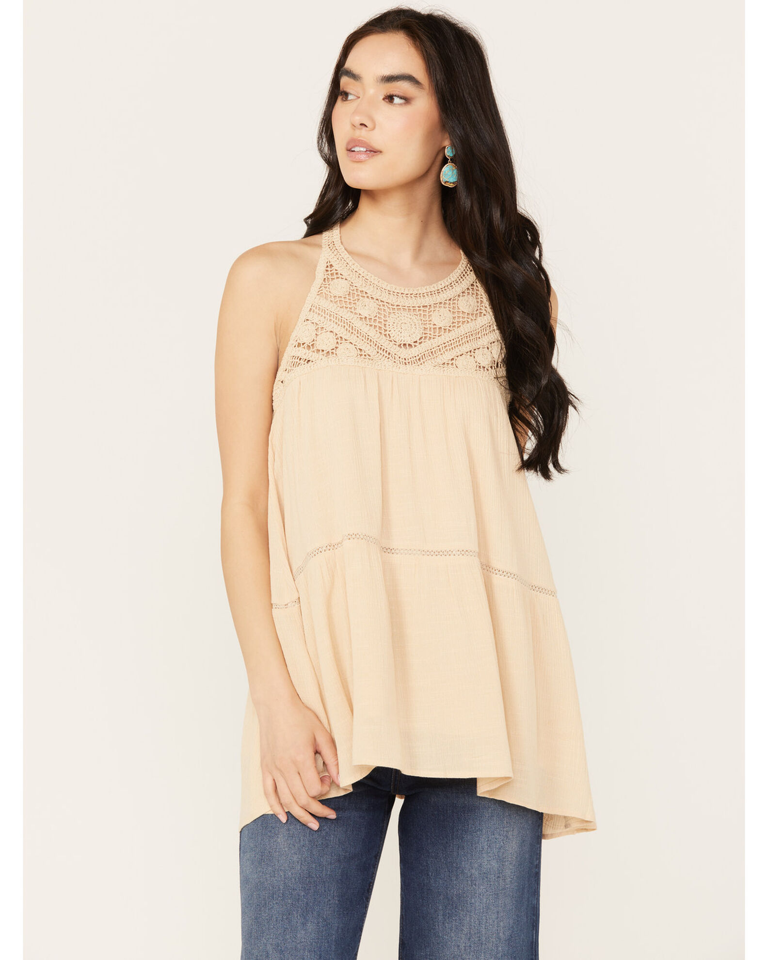 Image #1 - Miss Me Women's Crochet Sleeveless Top, Beige, hi-res