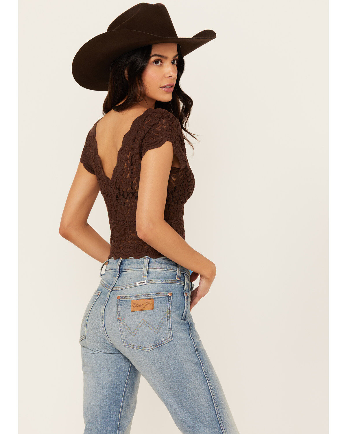 Image #4 - Shyanne Women's Flutter Sleeve Lace Crop Top, Dark Brown, hi-res