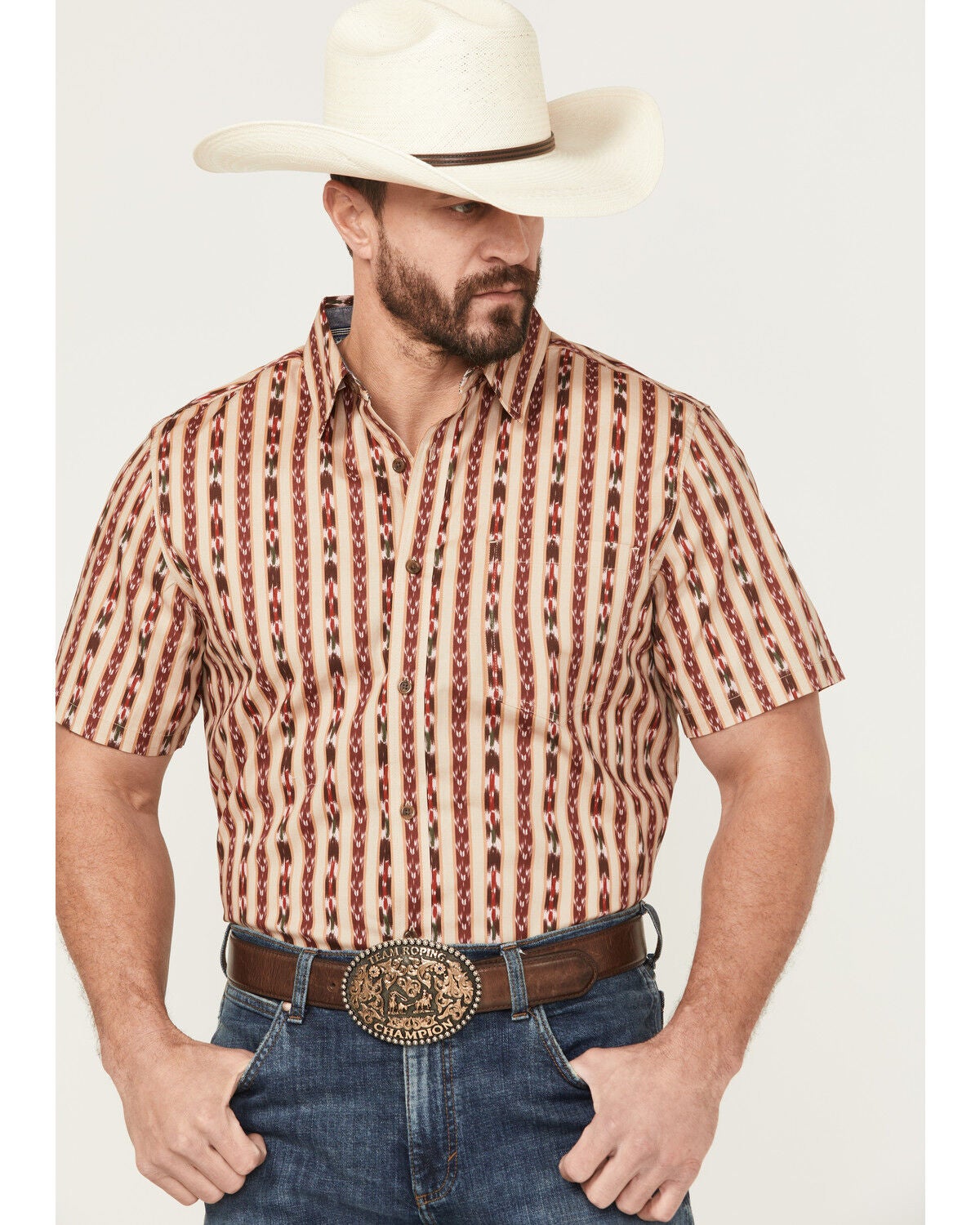 Cody James Men's Bridgestone Southwestern Striped Short Sleeve Button-Down Stretch Western Shirt, Tan, hi-res
