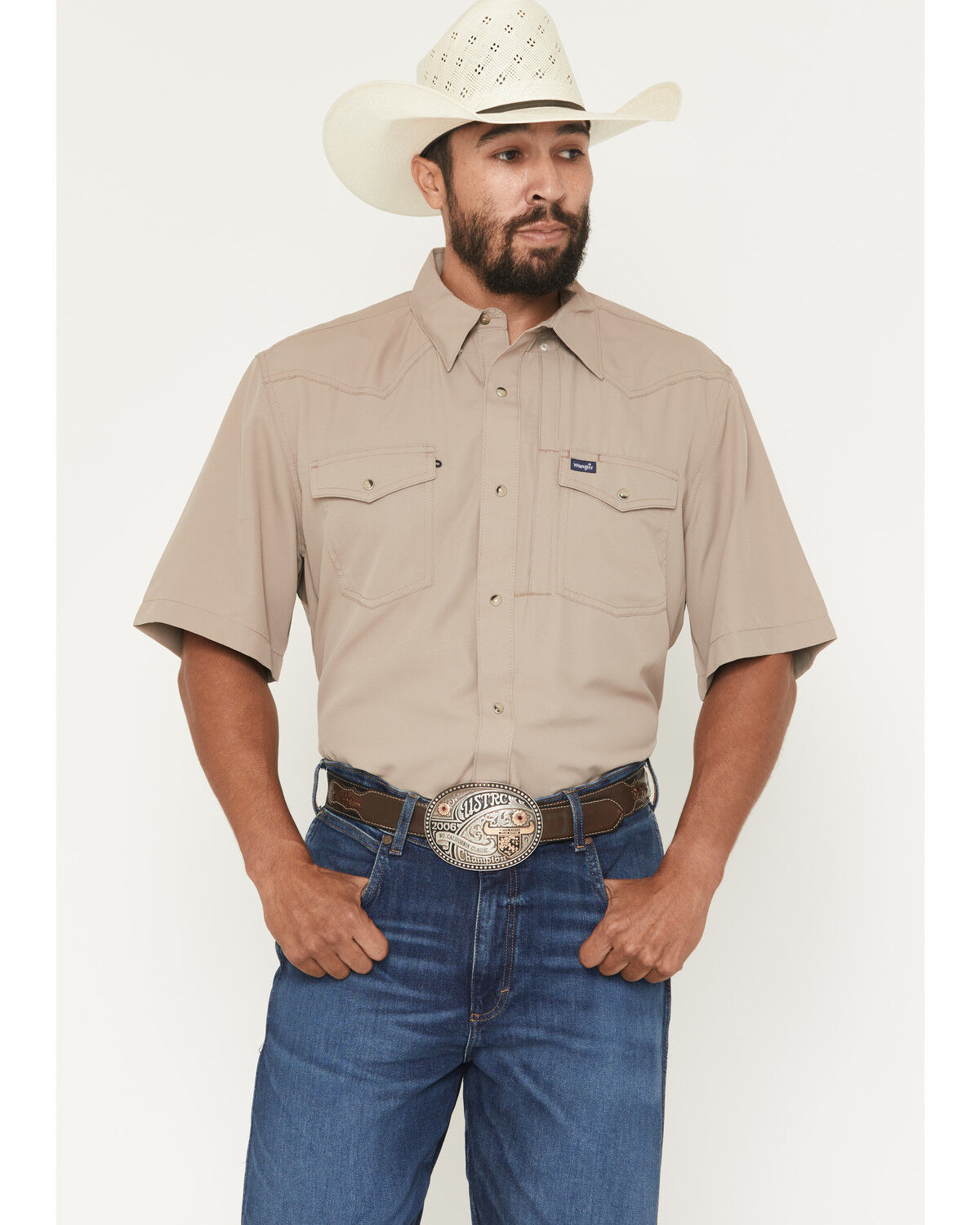 Image #1 - Wrangler Men's Solid Short Sleeve Snap Performance Western Shirt, Tan, hi-res