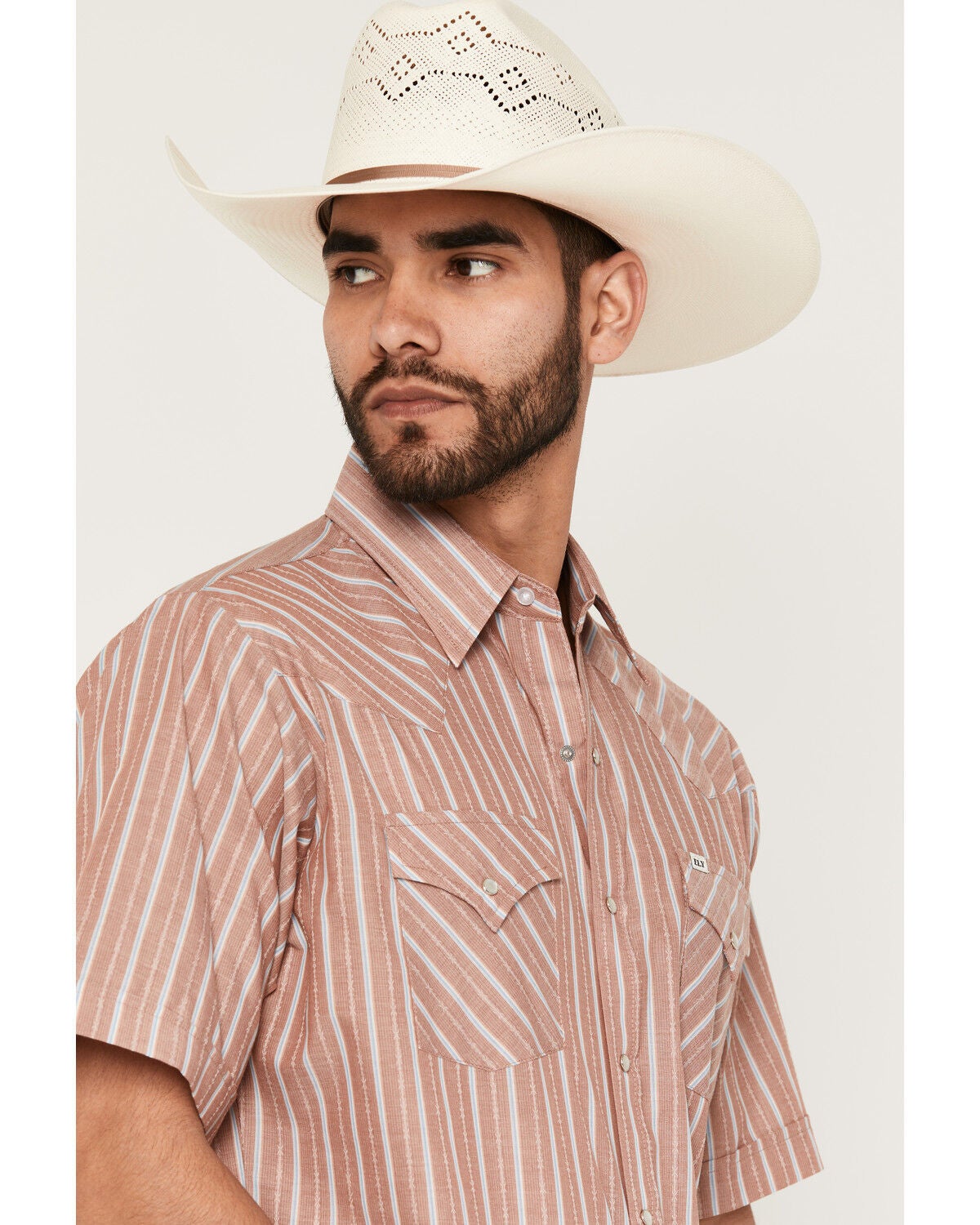Image #2 - Ely Walker Men's Barbed Wire Striped Short Sleeve Pearl Snap Western Shirt, Rust Copper, hi-res