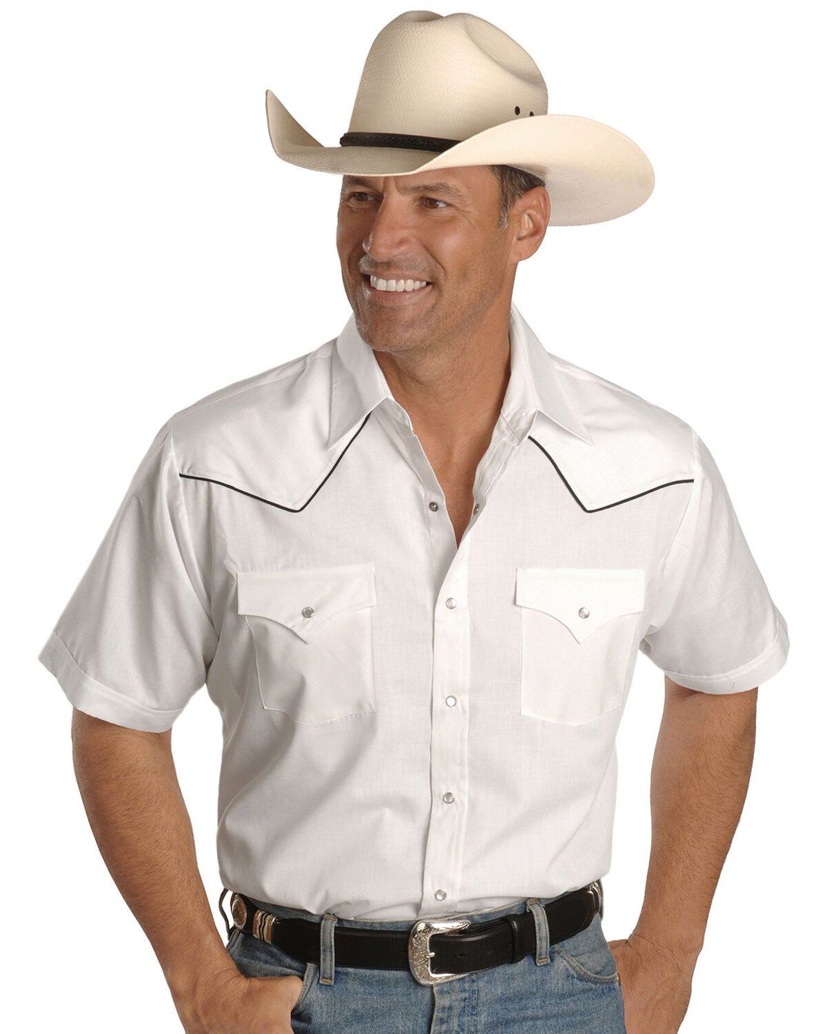 Ely Short Sleeve White Western Shirt, White, hi-res