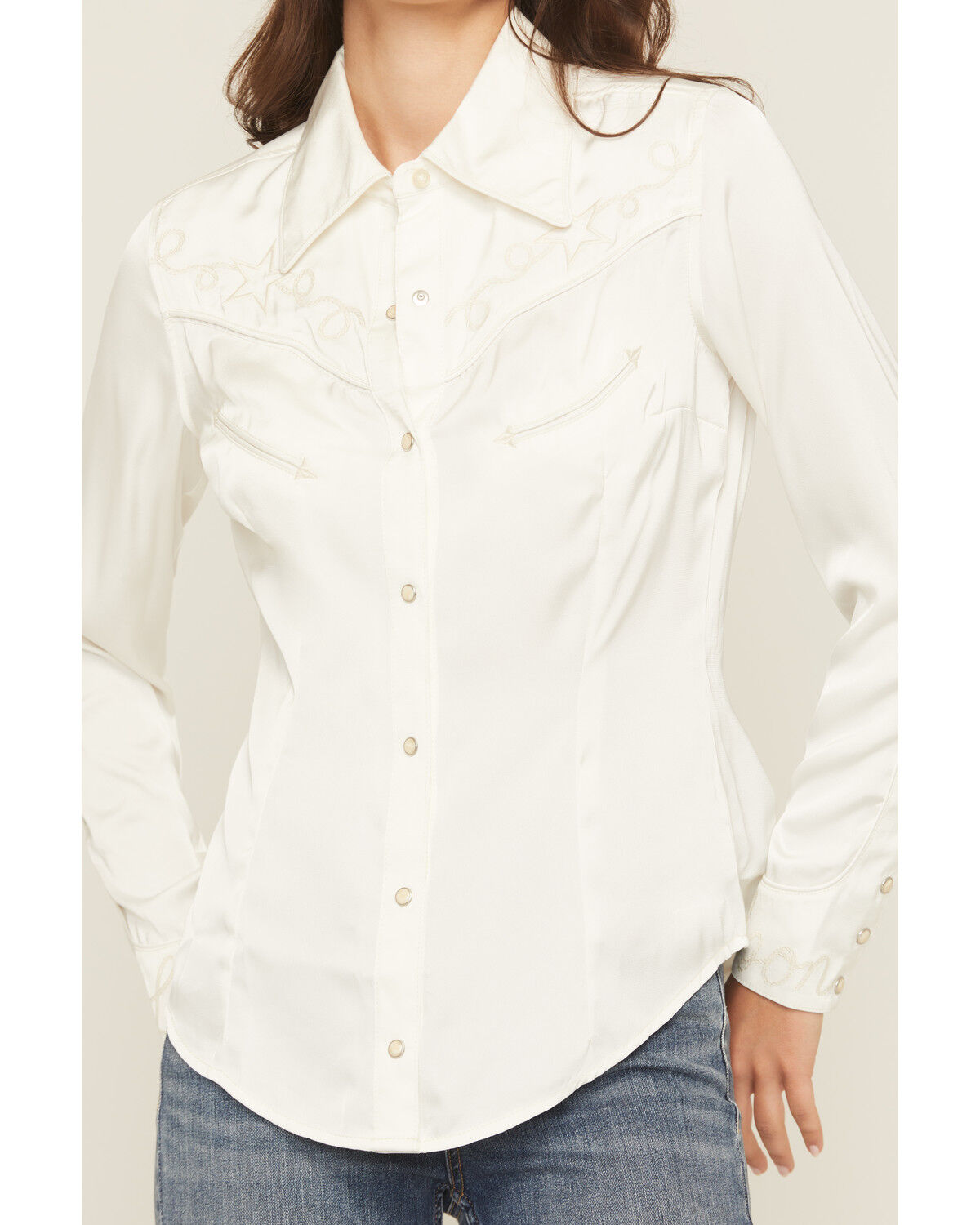 Image #3 - Wrangler X Lainey Wilson Women's Satin Star Embroidered Long Sleeve Snap Western Shirt, White, hi-res