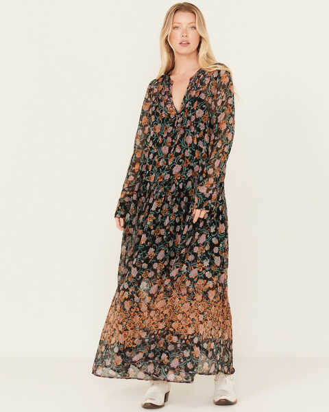 Free People Women's See It Through Floral Long Sleeve Maxi Dress, Black, hi-res