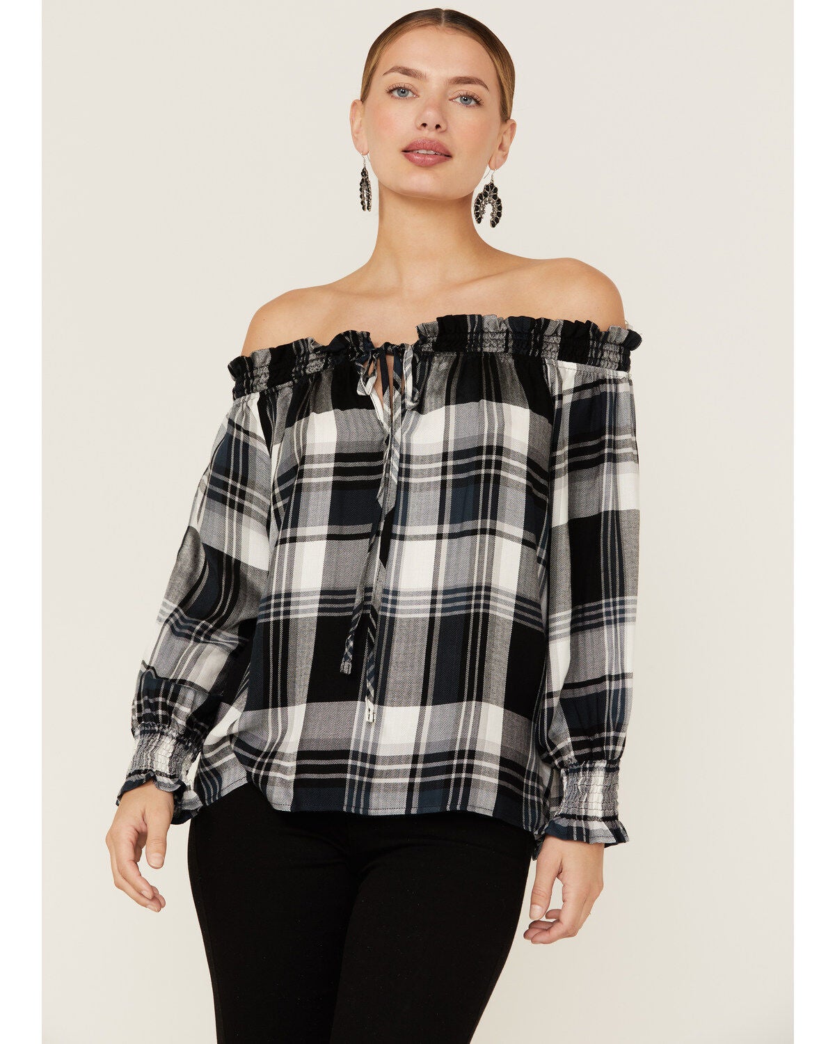 Wild Moss Women's Plaid Navy Off The Shoulder Top, Black, hi-res