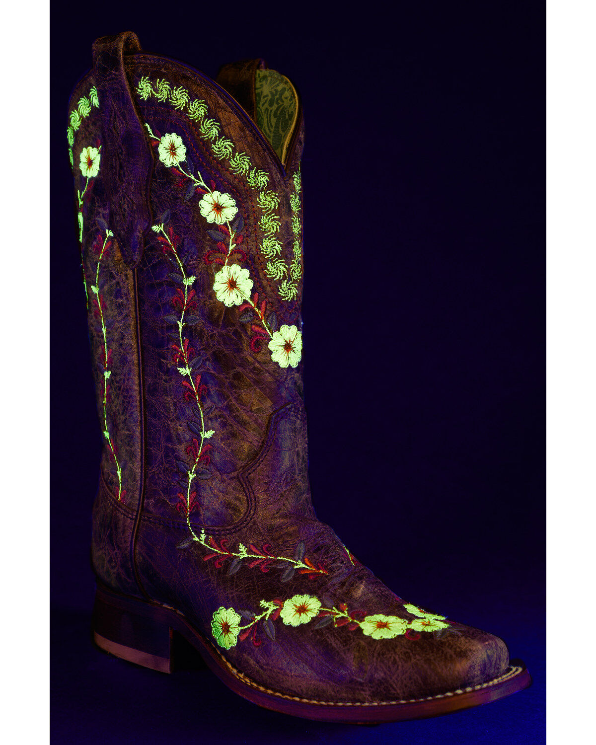 Image #2 - Corral Women's Floral Blacklight Western Boots - Square Toe, Black, hi-res