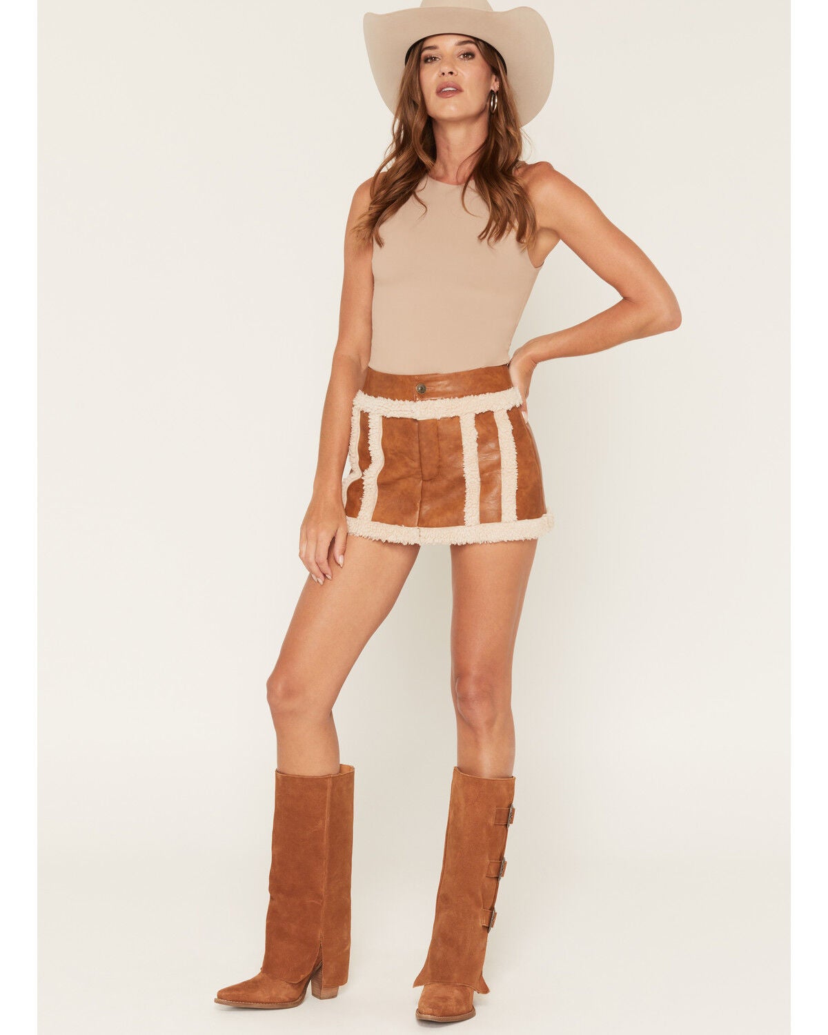Show Me Your Mumu Women's Laurel Canyon Sherpa Faux Leather Skort, Cognac, hi-res