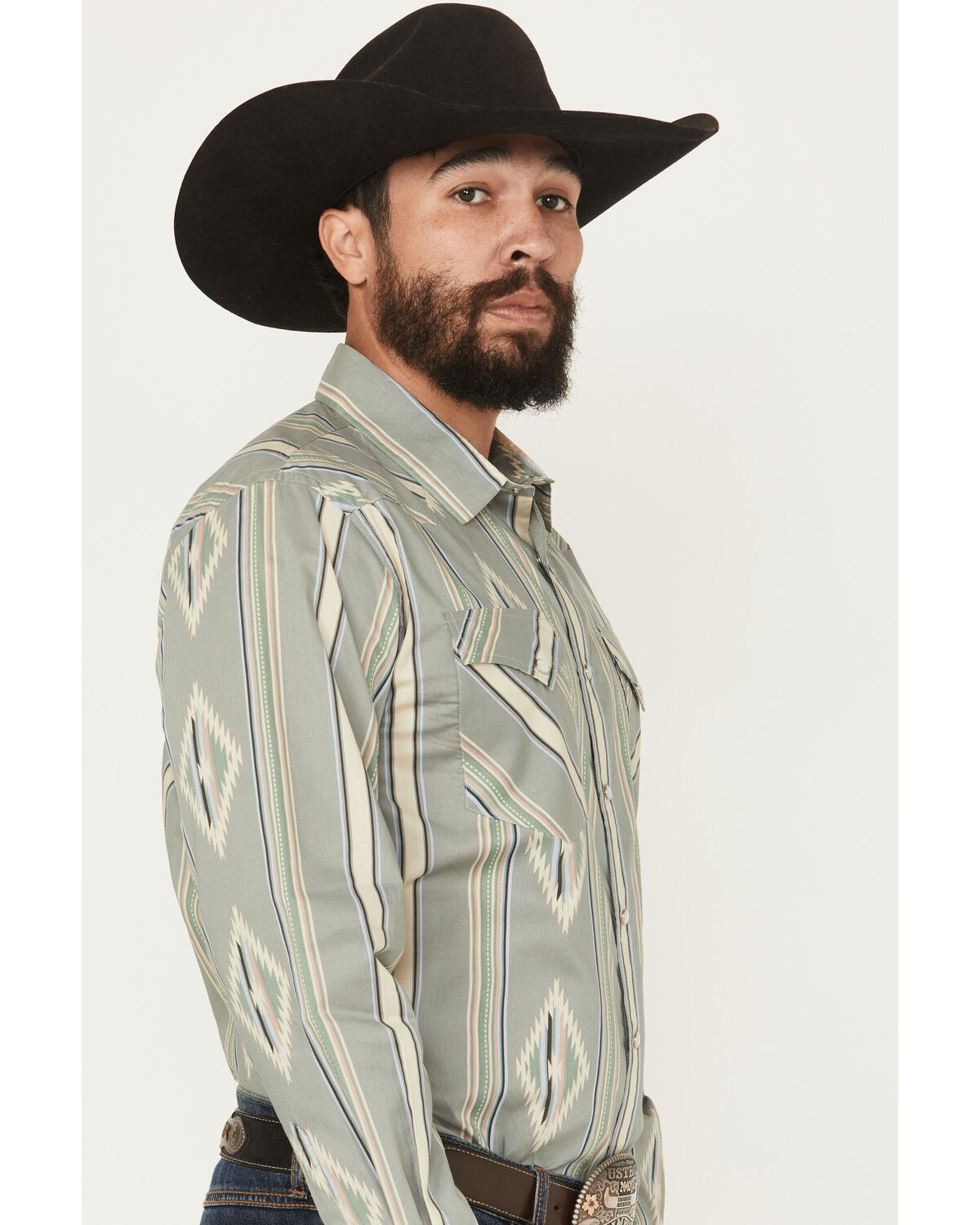 Image #2 - Panhandle Slim Men's Southwestern Striped Print Long Sleeve Snap Western Shirt, Sage, hi-res