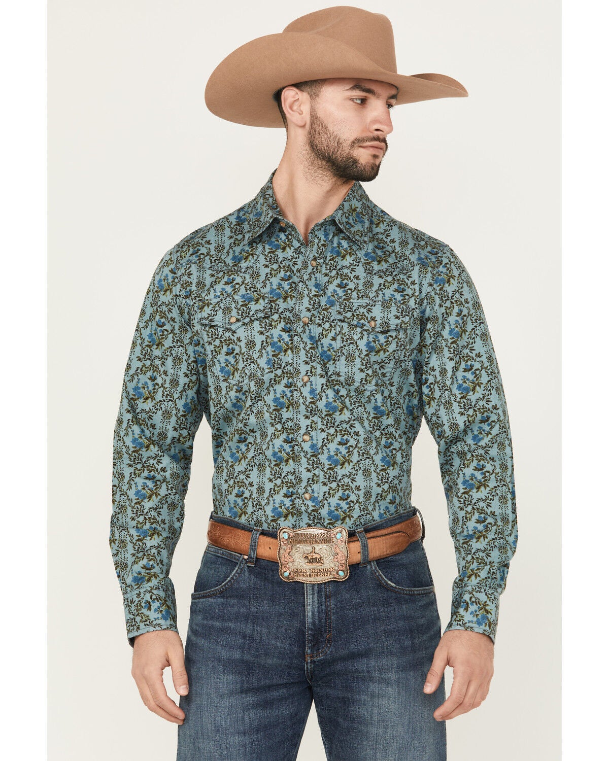 Wrangler Retro Men's Floral Print Long Sleeve Snap Western Shirt, Blue, hi-res