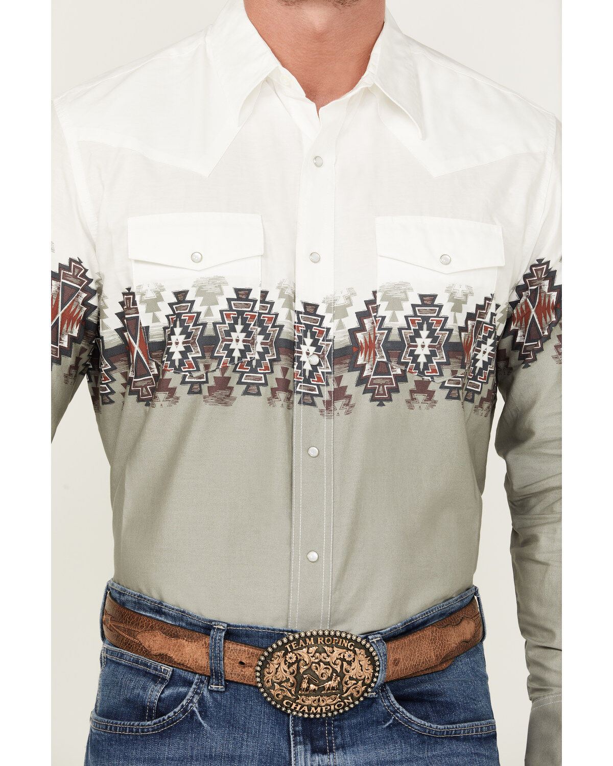 Image #3 - Wrangler Men's Checotah Border Print Long Sleeve Pearl Snap Western Shirt, White, hi-res