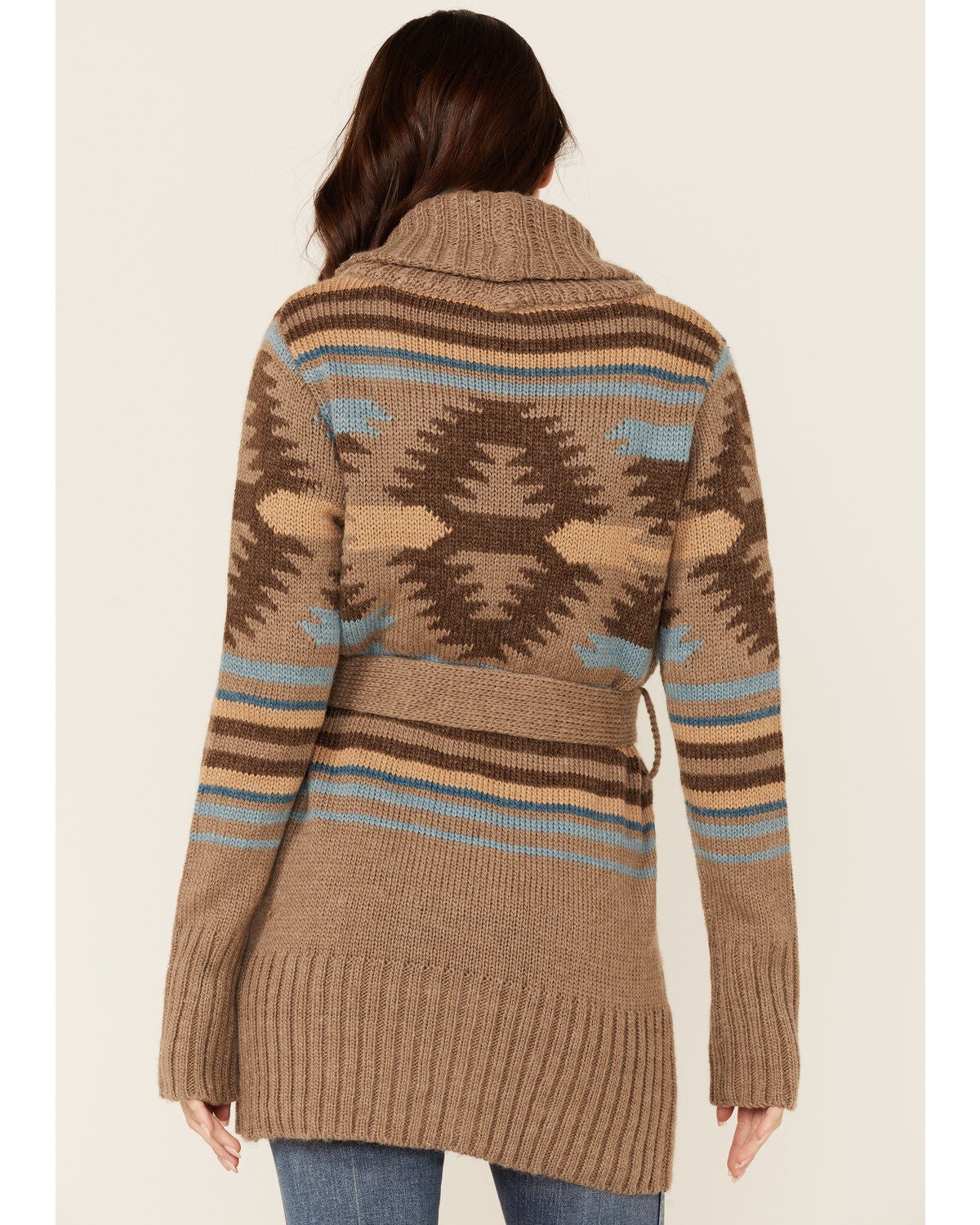 Stetson Women's Beige Chunky Knit Southwestern Print Cardigan Sweater