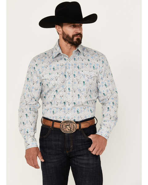 Rough Stock by Panhandle Men's Novelty Print Long Sleeve Snap Western Shirt, Grey, hi-res
